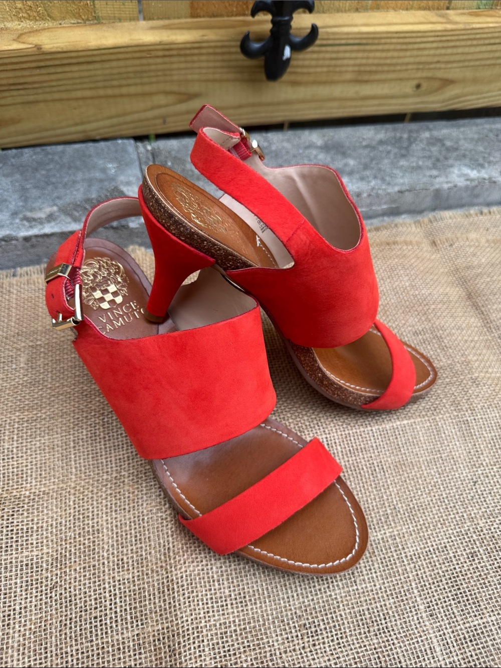 Vince Camuto Bright Red Suede Wide-Band Slingback Sandals - Picture 2 of 7